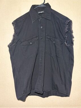 Frayed Sleeve Black Button-Front Men's Vest